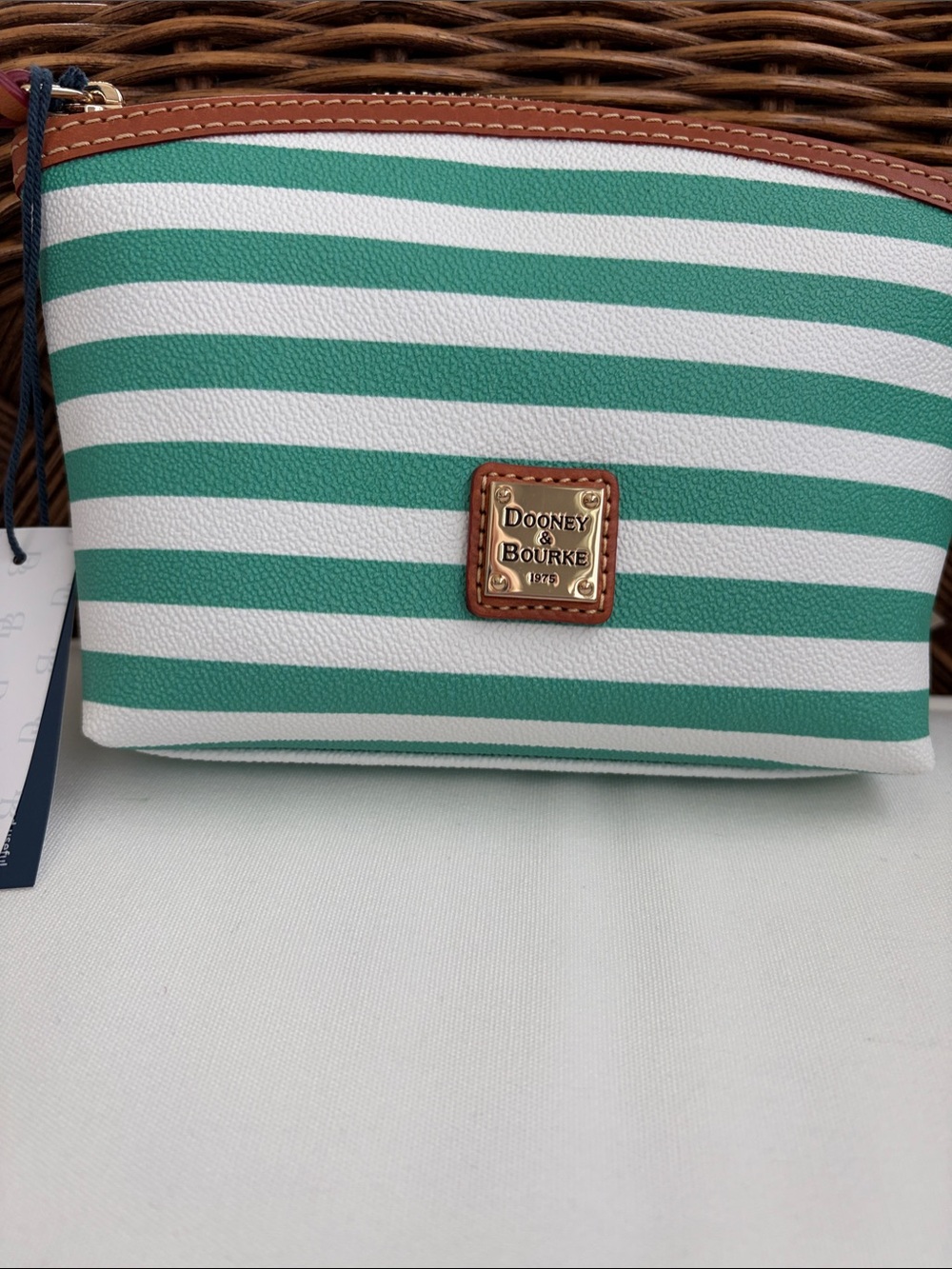 NWT - Dooney & Bourke Seafoam Striped Leather-Trim Cosmetic Pouch